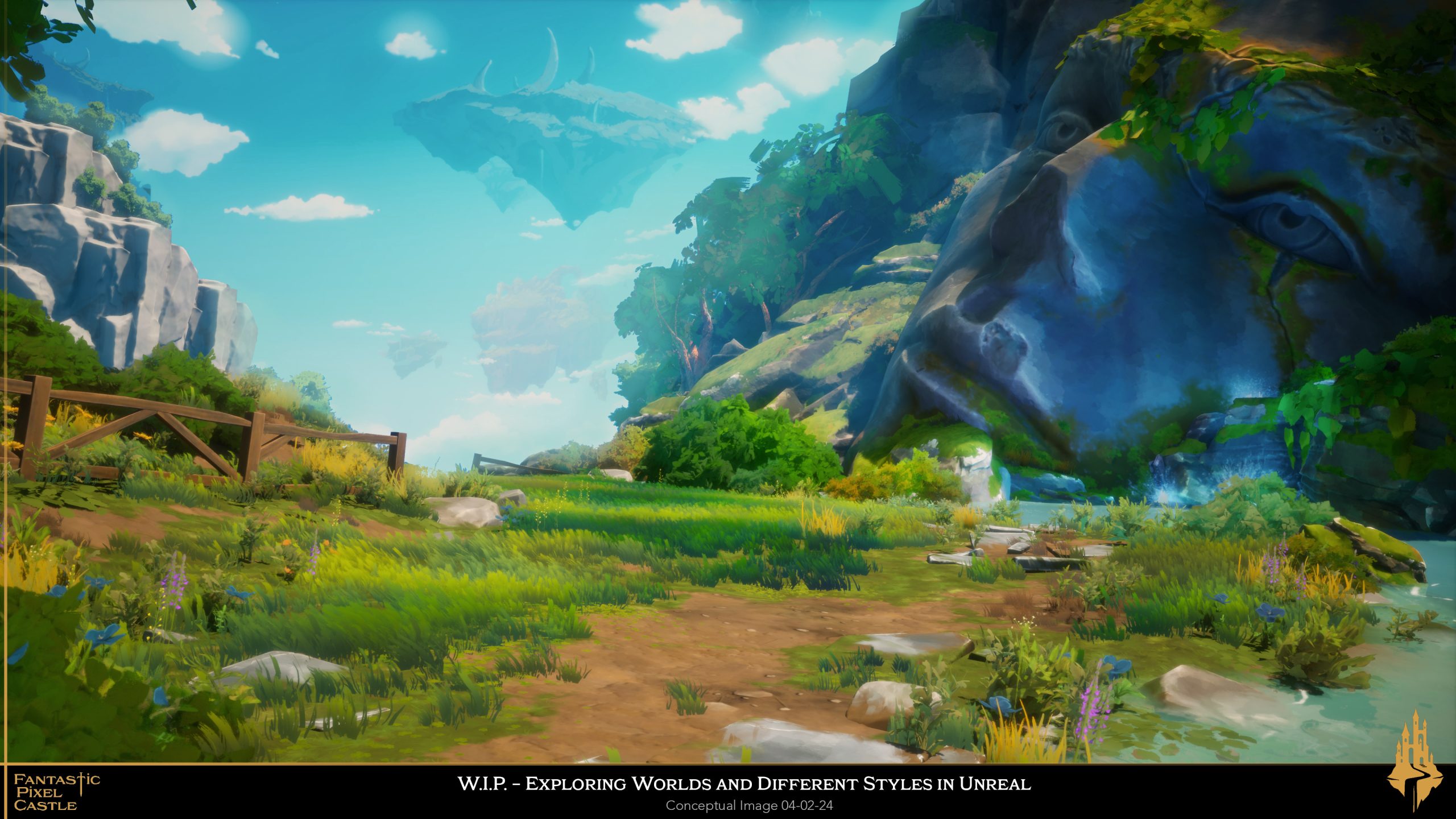 Exploraciones tempranas del estilo artístico en Unreal 5, jugando con elementos como iluminación, contraste y cajas de cielo.