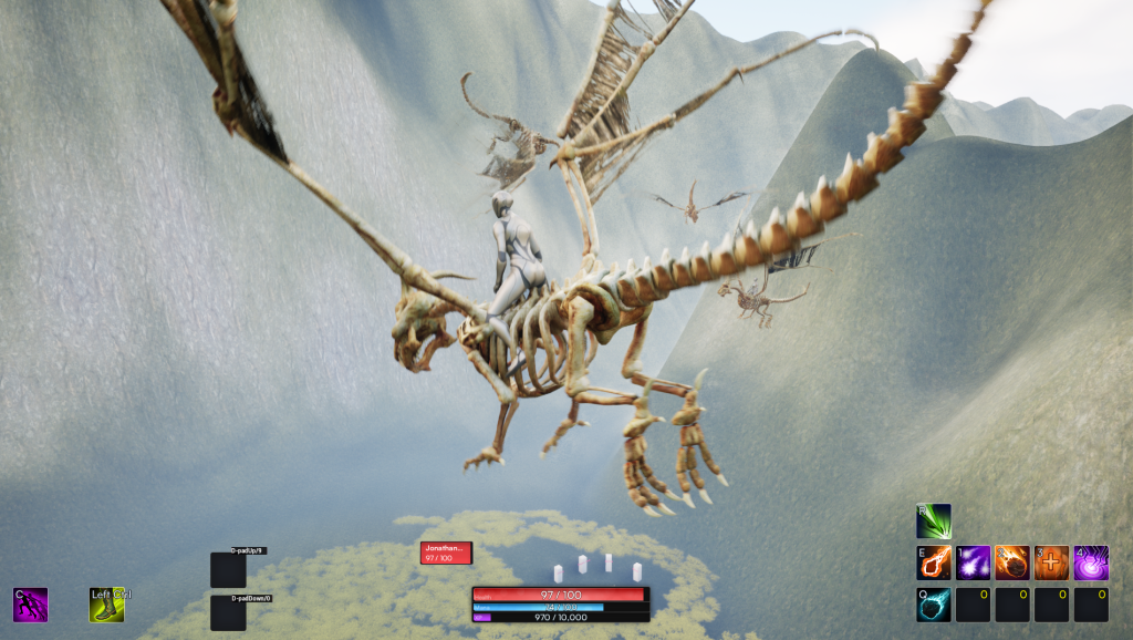 A silver human figure rides a literal SKELETAL DRAGON above a narrow valley as a few other SUPER AWESOME SKELETAL DRAGONS glide further ahead.