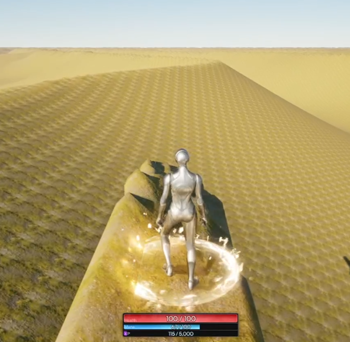 A silver humanoid figure stands in a vast desert upon a rectangular bridge of sand. The figure is constructing the bridge as they walk forward. There is a ring of light around their feet.
