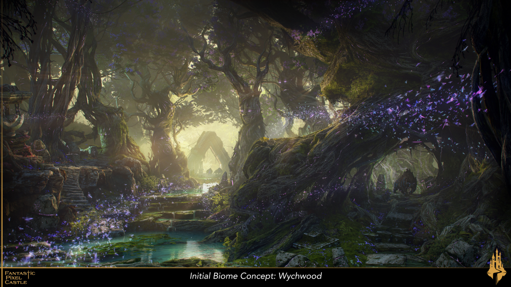 Concept art for the Wychwood biome for the in-development game Ghost. The golden light of sunset shines through a mysterious forest of large and twisted trees with ancient roots digging deep into quiet streams and ancient stone steps. Ancient structures rise out of the distant gloom and mystical purple light glimmers through the leaves of the giant trees.