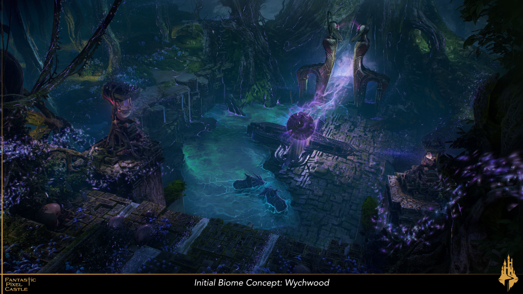 Concept art for the Wychwood biome for the in-development game Ghost. Blues, greens, and purples dominate an overgrown clearing of ruins in this ancient forest. Two unknown creatures traverse a river that winds its way through an ancient structure, featuring two statues of near-humanoid shape and a floating ball that glows with a mysterious purple light. Scattered lanterns or other stone structures hint at a much larger ancient structure that has faded beyond memory and repair.