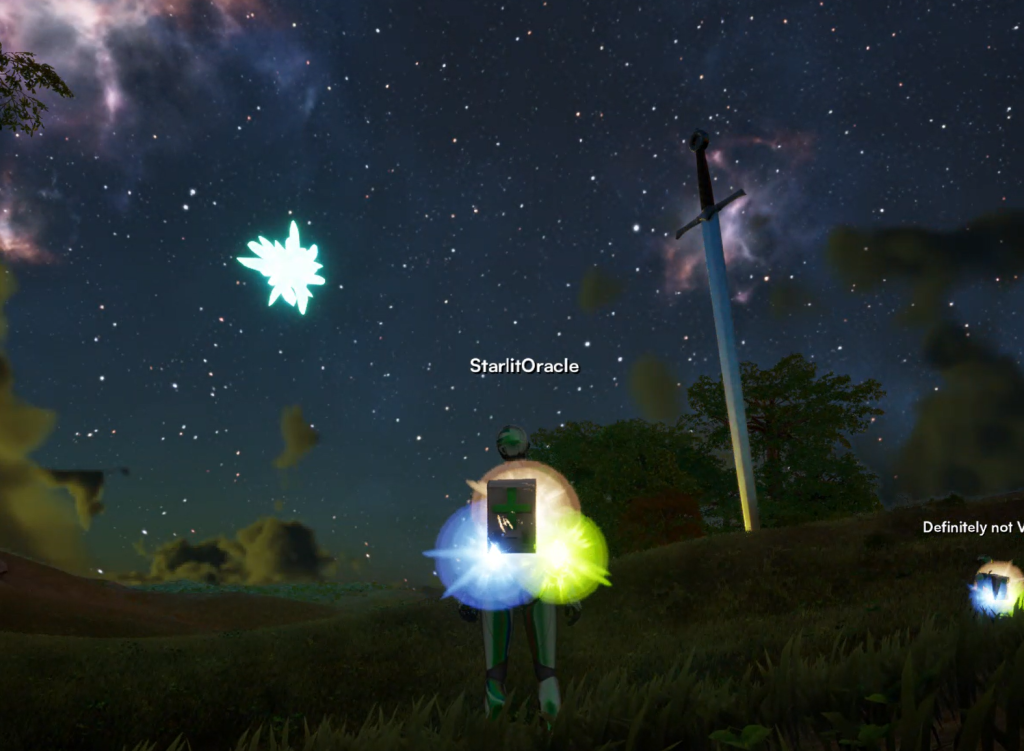 A screenshot from the in-development game Ghost. A player gazes out into the night sky. In view are a far-away giant crystal floating in the sky on their left, and a sword as tall as a skyscraper embedded in the land on their right.