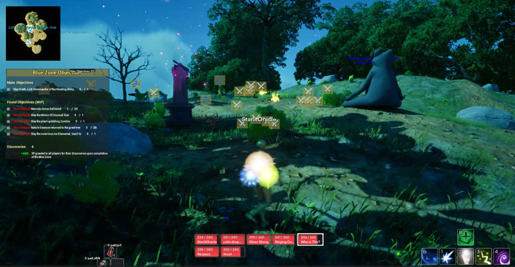 An early screenshot of the in-development game Ghost. A green player character with a healing pack and three spell lights runs forward toward a goblin encampment on the outskirts of a lush forest as the sun sets and gives way to a starry sky.