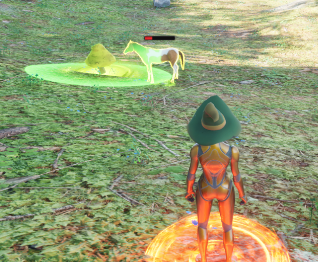 A screenshot from the early development game Ghost. A player character in a green wizard hat watches as a horse slowly poisons itself with a toxic glowing green mushroom.