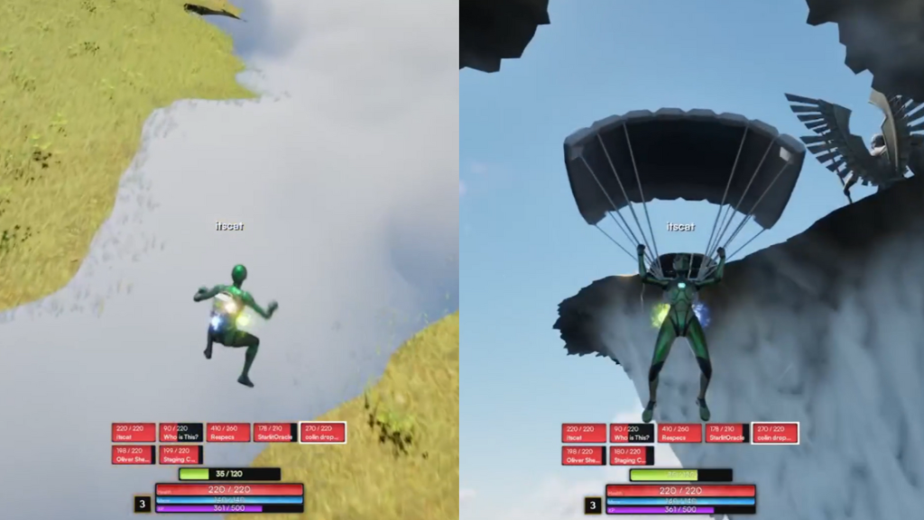 Screenshots of the early development game Ghost. A green Unreal Engine player character falls through a crack in the world and gently parachutes down into a misty void.