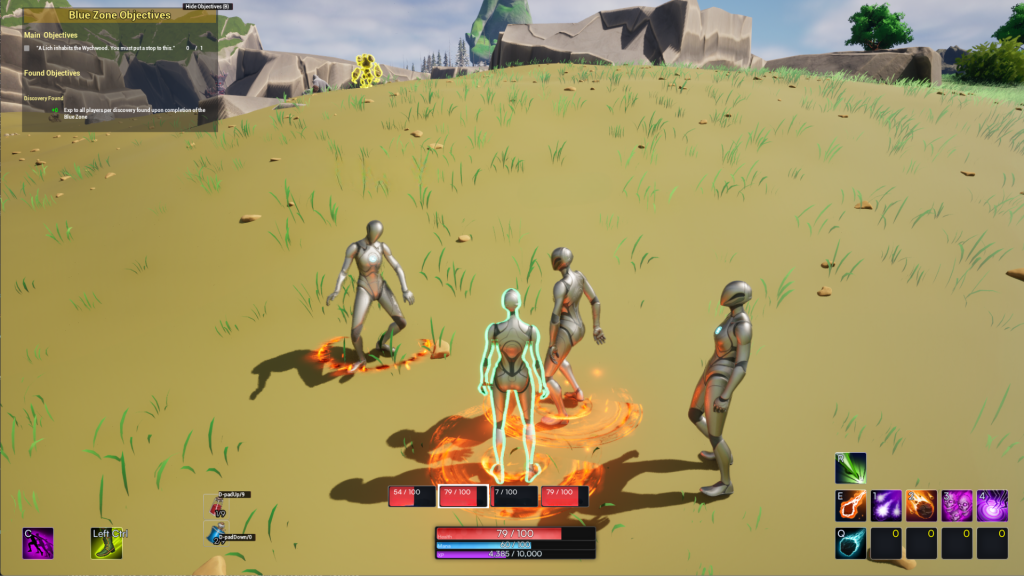 An early screenshot from the in-development game Ghost. Four nondescript player characters stand in a sparse landscape with some grass on the ground and some boulders in the background.