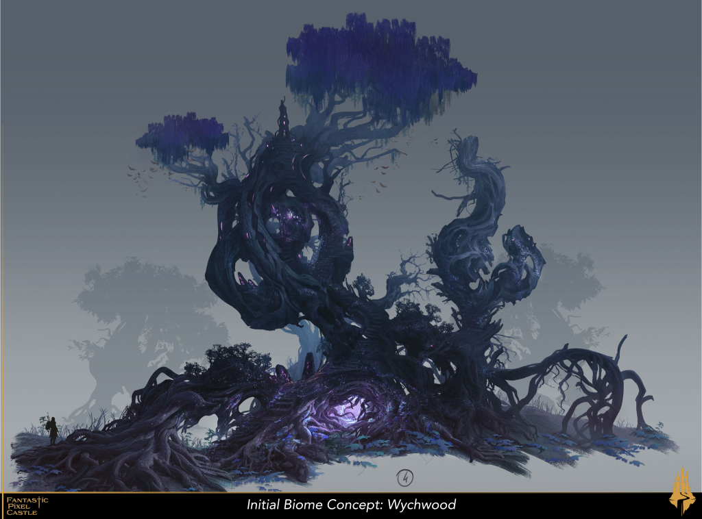 Concept art for the Wychwood biome for the in-development game Ghost. A giant tree rises gnarled and ancient from a twisted bramble of vines. A mysterious purple glow beckons from a tunnel within the tangled roots of the tree.