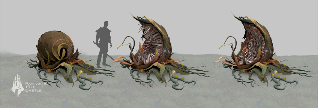 Concept art for the Wychwood biome for the in-development game Ghost. This carnivorous plant concept is genuinely the stuff of nightmares. There are three conceptual forms: A “dormant” version, in which the plant is rolled up as if it isn’t a deadly trap. The next has unfurled to a deeply unfortunate “active” state that is as tall as the nearby human silhouette, and displays aggressively raised vines and an upsetting number of spikes that may be teeth (I apologize for that sentence.) In the third stance the teeth are folded inward and the human silhouette is nowhere to be found, implying nothing good.