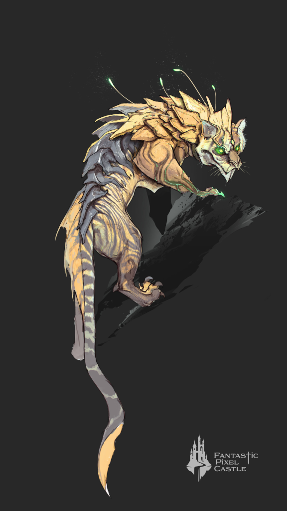 Concept art for the Wychwood biome for the in-development game Ghost. A tiger-like creature with striped fur, but sporting glowing eyes, a partially-scaled carapace, and four delicate antennae scales a branch. 