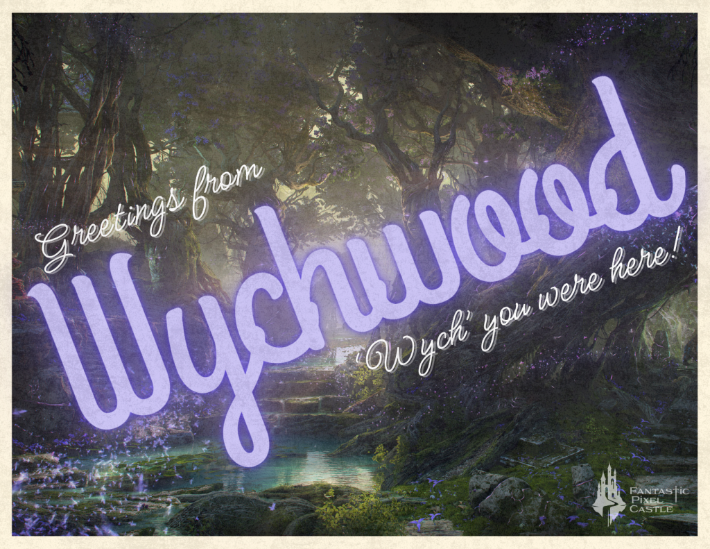 Concept art for the Wychwood biome for the in-development game Ghost. A vintage-styled post-card presents faded text over the golden hour concept environment art. It reads, in purple and white text, “Greetings from Wychwood - ‘wych’ you were here,” which is an exceptionally funny pun that was clearly written by someone who is very clever.