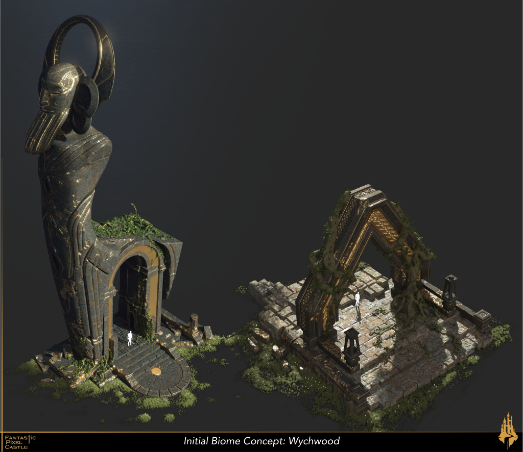 Concept art for the Wychwood biome for the in-development game Ghost. Two Wychwood structures are modeled to scale. One is an ancient statue with echoes of a centaur about it - a human torso with large ears, a stylized beard, and a stone halo rise above an arched doorway that passes underneath its body. The other is a stone triangular archway with a golden core, the side pillars overtaken by gnarled and twisted roots. 