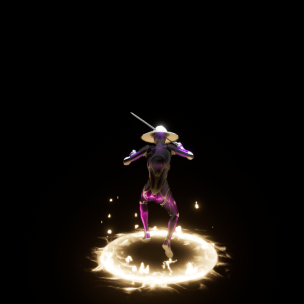 A screenshot from the early in development game Ghost. A purple Unreal 5 stock player character wearing a brimmed hat and wielding a sword floats in an inky black abyss, surrounded only by a ring of light at their feet.